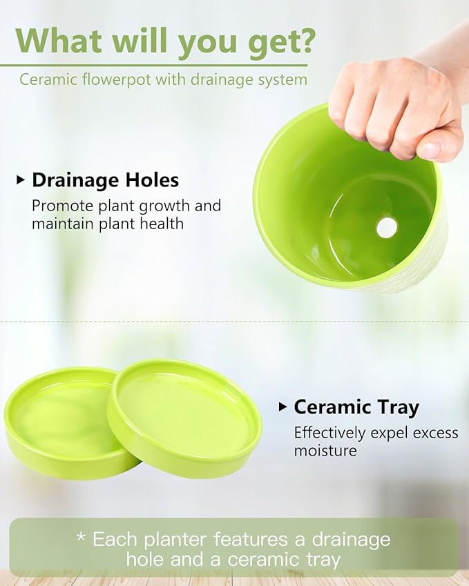 BUYMAX Plant Pots Indoor –5 inch Ceramic Flower Pot with Drainage Hole and Ceramic Tray - Gardening Home Desktop Office Windowsill Decoration Gift, Set of 4-Plants NOT Included (Green)