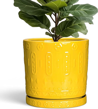 Ceramic Flower Pots, 12 Inch Plant Pot with Drainage Holes and Saucers, Round Pots for Plants for Indoor Outdoor, Boho Decorative Planter, Garden House Decor, Gifts for Women, Yellow