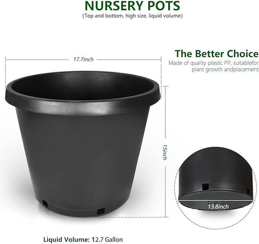 10-Pack 12.7 Gallon Round Planter Nursery Pots, Flower Plant Container Injection Molded Plastic Nursery Pots Gardening Pot for Indoor Outdoor Vegetables, Succulents, Black