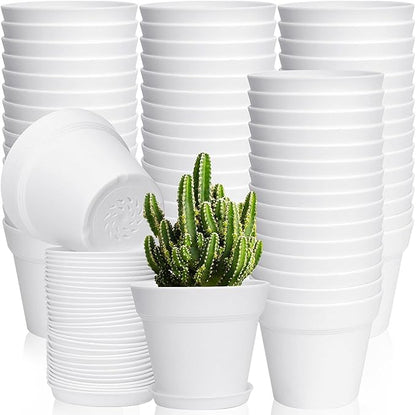 June Fox 60 Pack Small Plant Pots Indoor 4 Inch Plastic Planter with Drainage Holes and Saucers Premium Decorative White Plant Pot for Succulent, African Violets, Flowers, Plants
