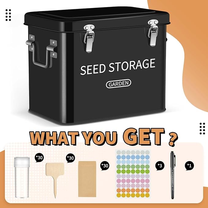 Blulu 85 Pcs Seed Storage Organizer 3 Compartment 30 Slot Metal Seed Saving Box with Lid and Lock with 1 Marker Pen, 20 Plant Labels, 30 Envelopes, 30 Bottles, Stickers for Garden Flower Plant(Black)