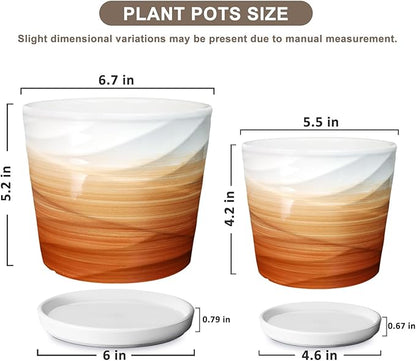 6.7 + 5.5 Inch Plant Pot,Ceramic Planter with Drainage and Saucer,Ceramic Pots for Plants,Indoor Plant pots,Planters for Indoor Plants(Khaki + White)