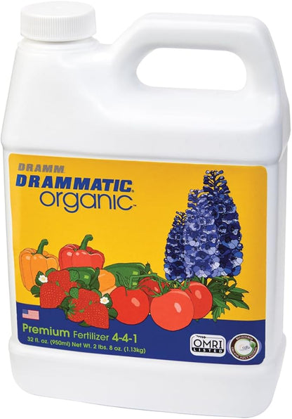 Dramm Drammatic® Organic™ Premium Fertilizer 4-4-1, Hydrolyzed Liquid Fish Fertilizer, for Vegetables, Flowers, and Fruits, 1 Gallon, OMRI Listed, Vegetable, Flowers, Fruit, 32 Ounce