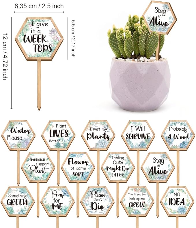 15 Pcs Hexagonal Funny Plant Markers, Water Please Pray for Me Plant Labels Wood Greenery Garden Tags for Vegetable Flower Herb Succulent Seedling Potted, 2.5x4.7 Inch