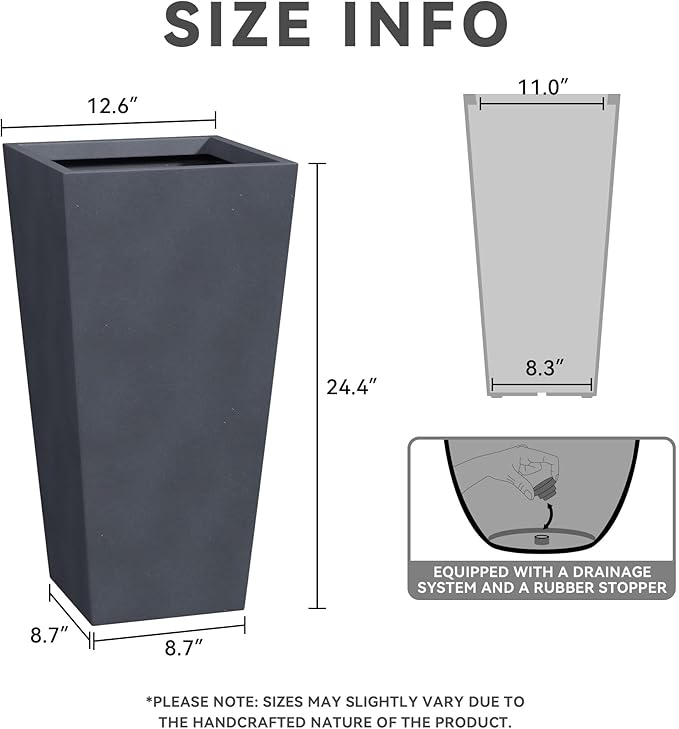 Kante 24.4" H Concrete Tall Tapered Planter, Large Outdoor Indoor Garden Plant Pot with Drainage Hole and Rubber Plug Home and Patio, Dark Gray