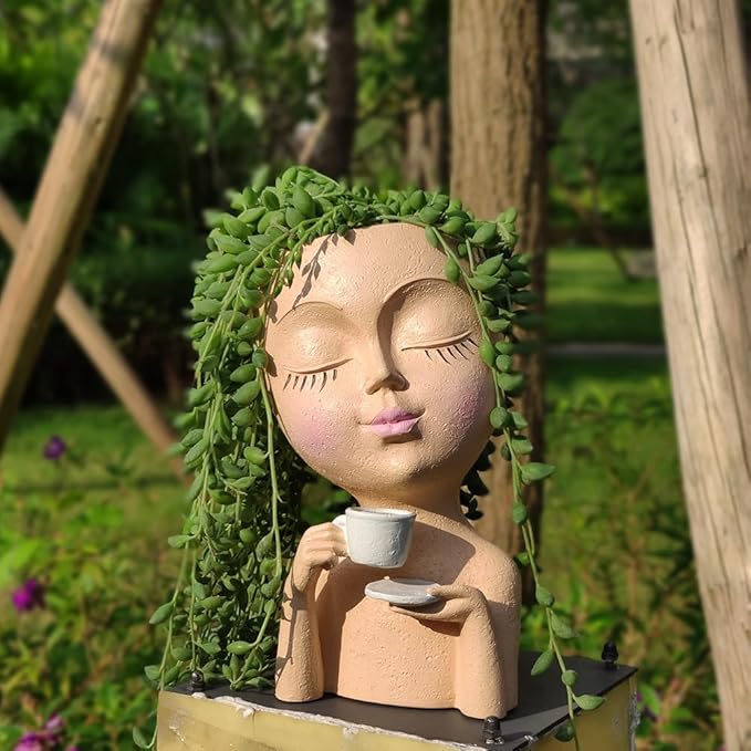 Face Planter Pots, Resin Face Planter for Indoor/Outdoor Plants,Head Planter with Drainage Hole/Removable Saucer,Girl Holding Coffe (Coffee, Skin)