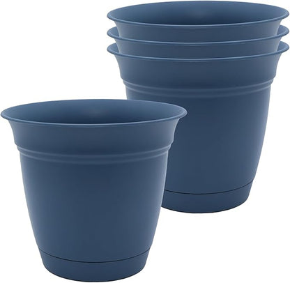 The HC Companies 6 Inch Eclipse Round Planter Pots with Drainage Holes & Attached Saucer, Lightweight UV-Resistant Plastic Indoor & Outdoor Planters, 4-Pack Flower Pots, Garden Home Decor, Slate Blue