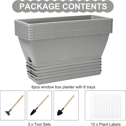 Window Box Planter, 6 Packs 17 Inches Rectangle Planters Box with Drainage Holes and Trays, Vegetable Planters for Windowsill Patio Garden Home Decor Porch Yard Light Gray