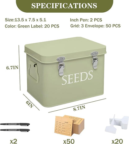 Seed Storage Box, Professional All-in-one Kit with 2 Pens, 20 Plant Labels and 50 Seed Envelopes, Metal Storage Organizer, Saving Box, Seed Packet Container, Green