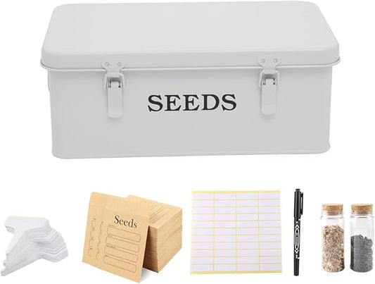 Seed Storage Box, Metal Seed Bin Seed Storage Organizer, 4 Dividers Seed Container with Safety Lock, Seed Box with Professional All-in-one Kit, White