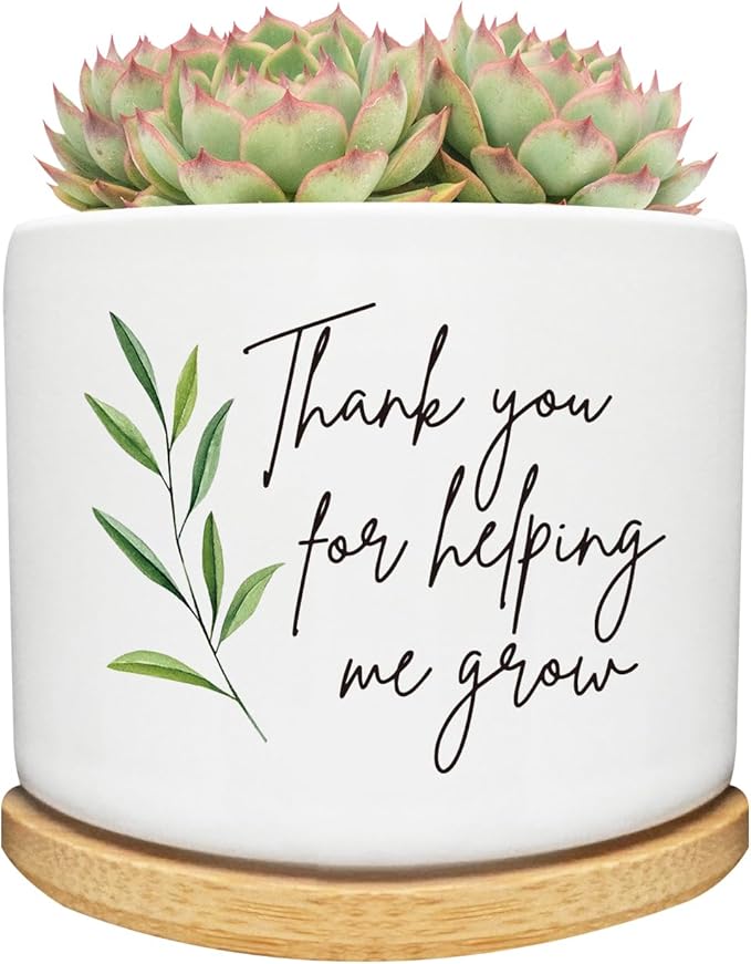 Thank You for Helping Me Grow Succulent Cactus Planter Pots with Bamboo Tray, Office Kitchen Home Windowsill Indoor Tabletop Decor, Gift for Friends Mom Teachers Plant Lovers
