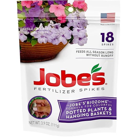 Jobe�s Fertilizer Spikes for Flowering Plants 8-9-12 Time Release Fertilizer for Hanging Baskets andPotted Plants, 18 Spikes per Package (2 Pack)