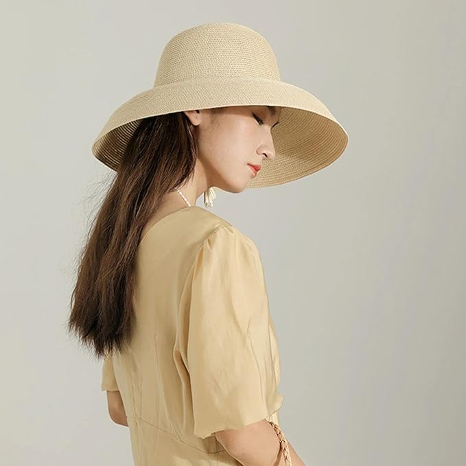 Wide-Brim Classic Elegant Style Foldable Straw Hat Women's Retro UV Resistant Sun Hats for Outdoor, Beach and Travel