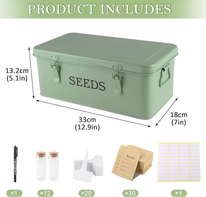 Seed Storage Organizer, 4 Compartment Seed Storage Box with Safety Lock, Metal Seed Box Seed Packet Container with 1 Pen, 12 Slots, 20 Plant Labels & 30 Seed Envelopes, Green Gardening Gift