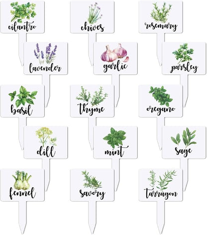 arricraft 15 Pcs Acrylic Plant Label Signs, Herbal Themed Waterproof Garden Stake Labels T-Shaped Plant Marker with Herbal Names for Indoor Outdoor Potted Plants Nursery Marker Decoration
