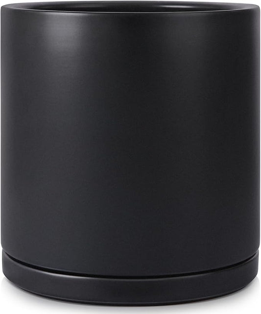 Kazeila 12 Inches Ceramic Planter Pot - Saucer and Drainage Hole - Full Glazed - Matte Black
