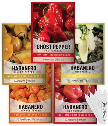 Gardeners Basics, Hot Pepper Seeds for Planting Ghost Habanero - 5 Varieties Pack Ghost Pepper Seeds, Red, Orange, Yellow, White Habanero Seeds for Planting in Garden Non GMO, Heirloom Peppers Seeds