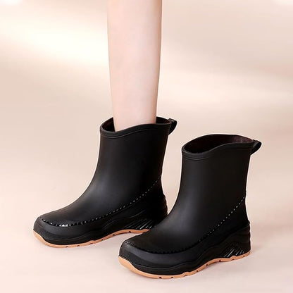 Women'S Chunky Platform Rain Ankle Boot Fashion Comfort Round Toe Waterproof Anti-Slip Thick Sole Pull On Garden Chelsea Rain Boots for Outdoor Work Booties