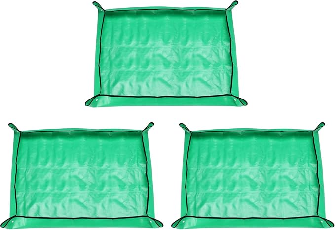 HARFINGTON 3pcs Repotting Mat 29.5" x 39.4" PE Cloth Waterproof Plant Repotting Mat Foldable Portable Gardening Potting Tray with Plastic Buckle for Indoor Plant Change Soil Watering, Green