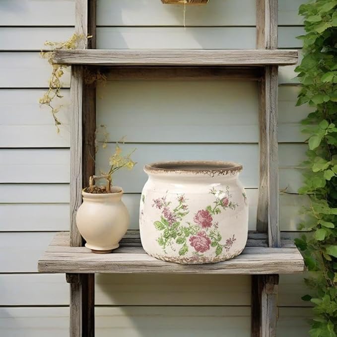 Vintage Floral Ceramic Planter, 2 Pack Flower Pot Rustic Flower Pot Container with Drainge Hole, Ice Crack Plant Pot Decorative Planter for Indoor and Outdoor Tuscan Decor Vase Gardening Gift