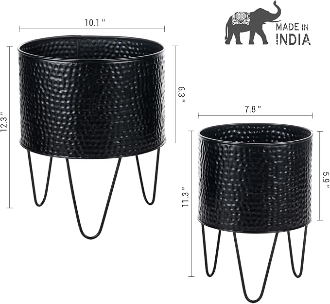 MyGift 8 and 10 Inch Modern Matte Black Metal Planter Pots with Pebbled Texture, Hammered Plant Containers with Matte Black Wire Stands, 2 Piece Set - Handcrafted in India