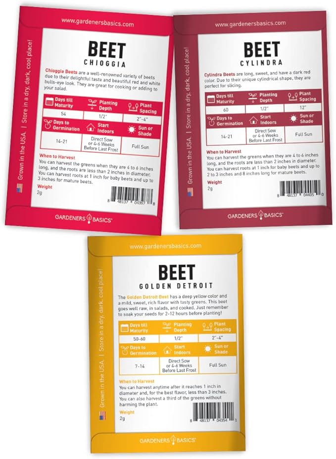 Gardeners Basics, Beet Seeds for Planting Home Garden - 5 Variety Pack Detroit Dark Red, Golden Detroit, Early Wonder, Cylindria and Chioggia Great for Spring, Summer, Fall, Heirloom Veggie Seeds