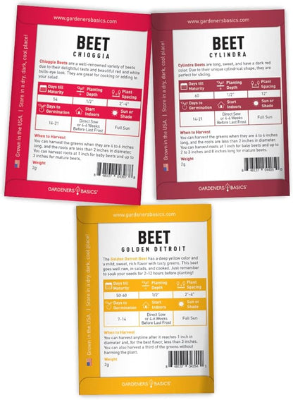 Gardeners Basics, Beet Seeds for Planting Home Garden - 5 Variety Pack Detroit Dark Red, Golden Detroit, Early Wonder, Cylindria and Chioggia Great for Spring, Summer, Fall, Heirloom Veggie Seeds