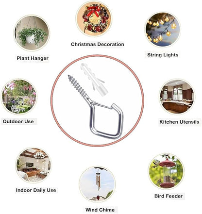 52-Pack Heavy-Duty Silver Screw Eye Hooks with Safety Clips | Metal Ceiling Hooks for Hanging Plants, Wind Chimes, Bird Feeders & Indoor/Outdoor Lights