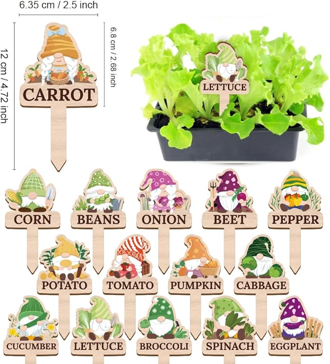 15 Pcs Gnome Wooden Plant Markers with Vegetable Name, Tomato Corn Carrot Funny Plant Labels Elf Garden Potted Plants Tags Garden Stakes Patio Decors for Seed Plant Novelty Gift