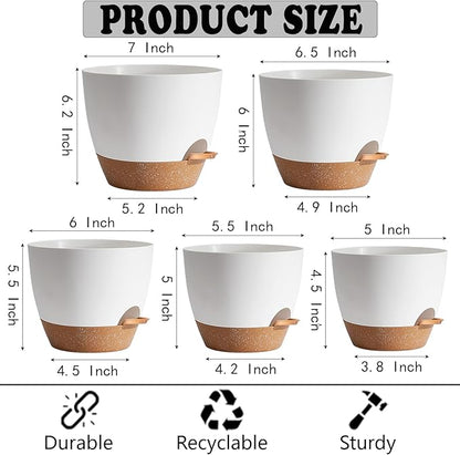 Plant Pots for Lazy People,5Pack 7/6.5/6/5.5/5 Inch, Plastic Self Watering Planter Pot for Houseplants,Succulent, African Violets,Snake Plants, Flowers and Cactus, White