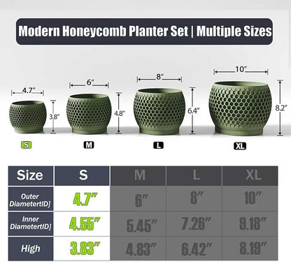 Plant Pots, Modern 3D Printed Honeycomb Planters for Indoor Plants, 4.7 Inch Military Green Decorative Flower Pot for Office Desktop, Bookshelf & Home Decor, Lightweight & Durable.