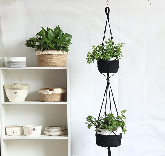 Tiered Macrame Hanging Planter One-Piece Cotton Woven Rope Flower Pots,Indoor Outdoor Home Decor Waterproof Lining Hydroponic Plant Baskets Pots-Black