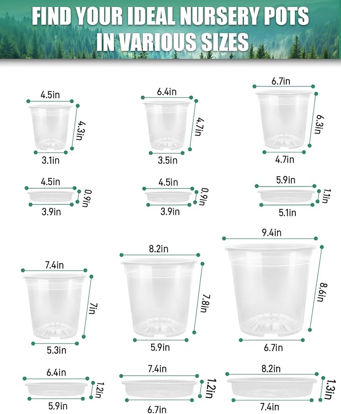 6 Pack Clear Nursery Pots with Drainage 9.5/8/7.5/6.7/5/4.5 Inch Nursery Pots with Saucers Transparent Seedling Pots Including Plant Labels Seed Starting for Indoor Outdoor Home Gardening
