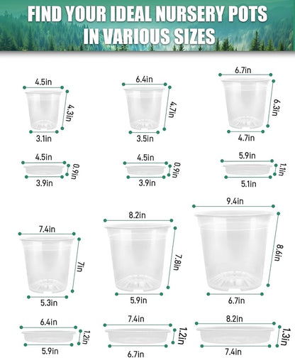 6 Pack Clear Nursery Pots with Drainage 9.5/8/7.5/6.7/5/4.5 Inch Nursery Pots with Saucers Transparent Seedling Pots Including Plant Labels Seed Starting for Indoor Outdoor Home Gardening