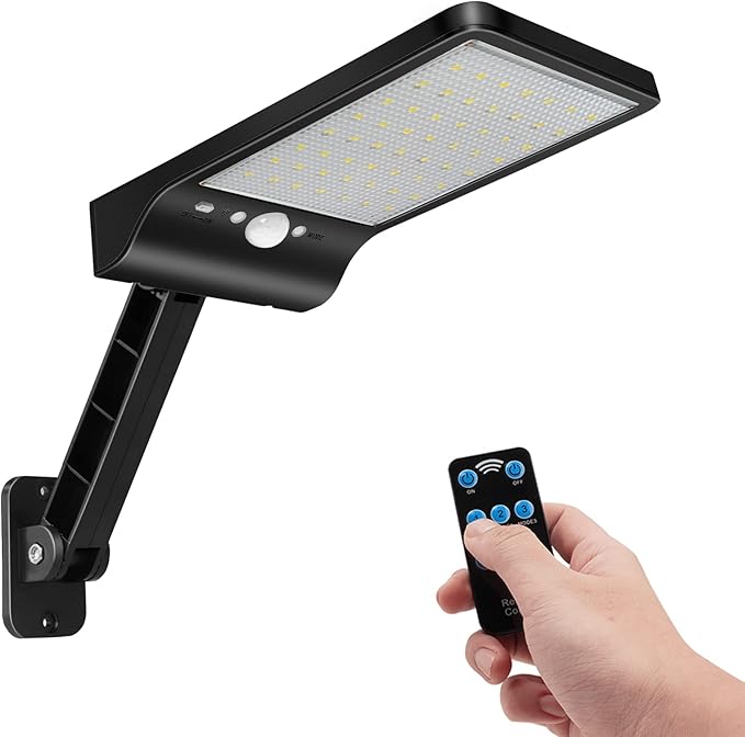 Aqonsie Solar Lights Outdoor with Remote, 56LED 180° Adjustable Angle Security Night Light Outside Motion Sensor Remote Control & 3 Lighting Modes Solar Lights for Backyard Gutter Courtyard Deck Home