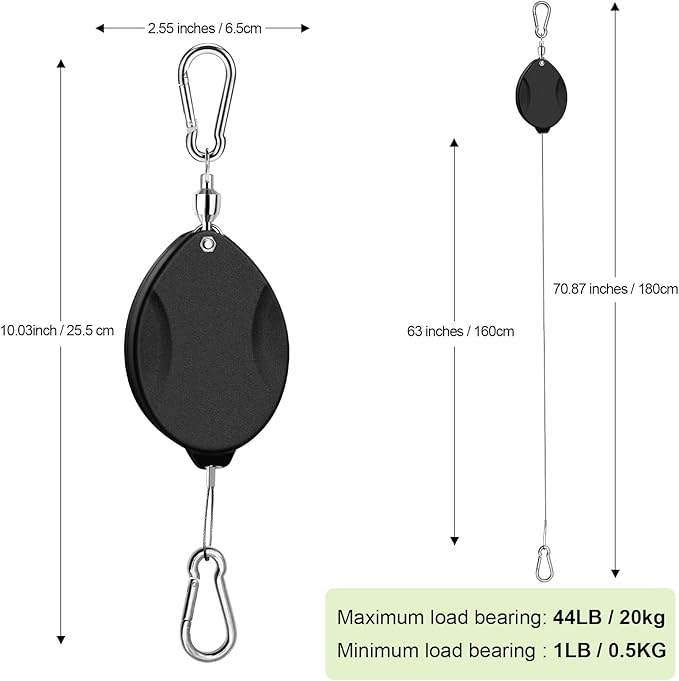 2Pcs Upgraded Heavy Duty Retractable Plant Hanger,Plant Pulleys for Hanging Plants,Easy to Raise and Lower,Auto Lock,Adjustable Hook for Garden Baskets Pots,Birds Feeder and Wind Chime,Black