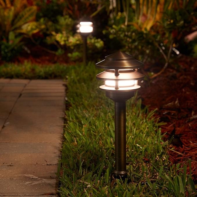 VOLT 12V 3-Tier Brass Pagoda Path Light (Bronze) for Low Voltage Landscape Lighting on Outdoor Pathway, Walkway, Garden, Driveway or Patio
