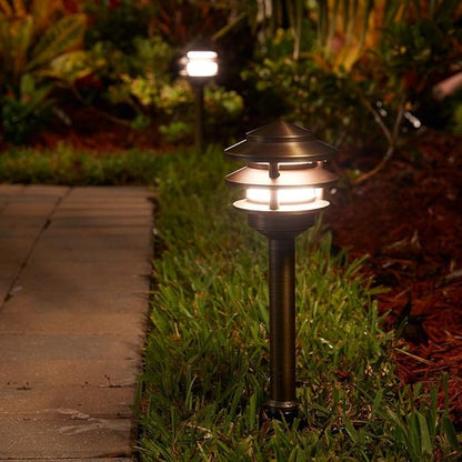 VOLT 12V 3-Tier Brass Pagoda Path Light (Bronze) for Low Voltage Landscape Lighting on Outdoor Pathway, Walkway, Garden, Driveway or Patio