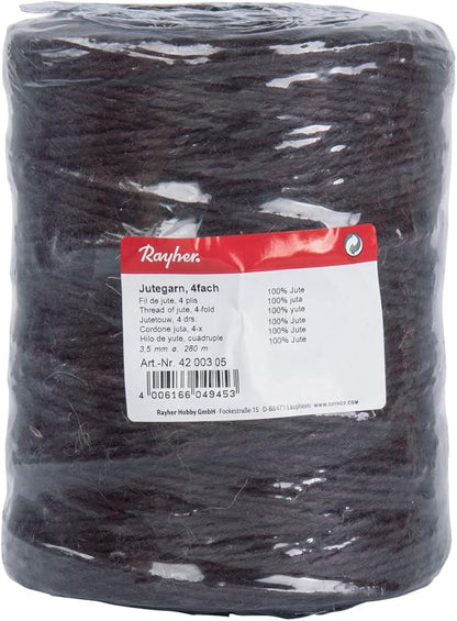 Rayher 4-Fold Natural Jute Thread, for Decorations and Gardening Work, Dark Brown 3.5 mm, 280m Spool