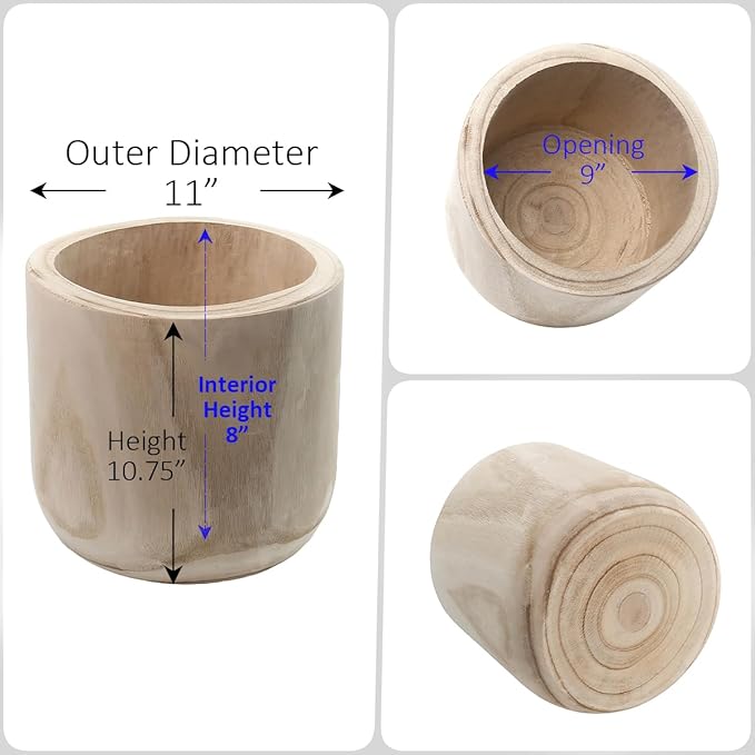 CYS EXCEL 11'' Natural Cylinder Planter Lightweight Natural Wood Cachepot for Indoor Plants, Succulents, Herbs, Home & Office Decor