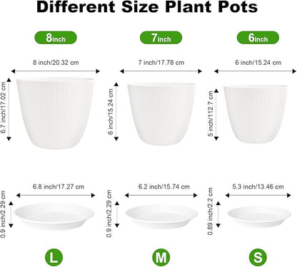 8/7/6 inch Plant Pots, 3 Pack Flower Pots for Outdoor Indoor Garden Plants, Large Planters with Multi Mesh Drainage Holes and Saucer (White, 8"+7"+6")