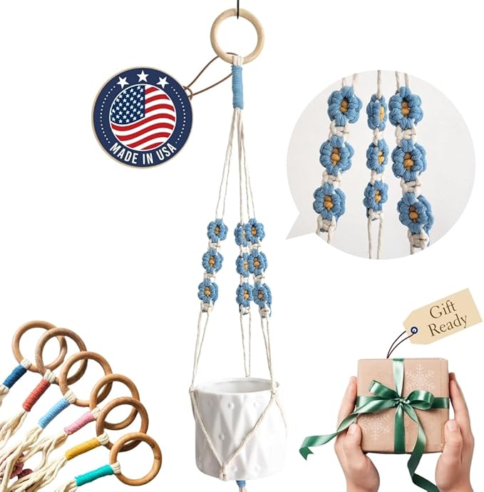 Macrame plant hanger with Daisies | Hanging plant holder | Macrame Plant hangers outdoor and indoor hanging planters Plant stand indoor Boho Decor hanging planter stand/plant shelf (Cloudy Day)