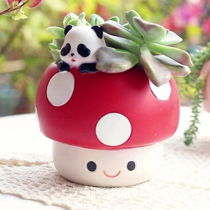 EOBTAIN Cute Mushroom Planter Pots,Unique Animal Panda Red Resin Succulent Small Pots for Indoor Plants,Mini Cactus Planter Pots Living Room Office Table Decor,Mushroom Lover Gifts,4 Inch