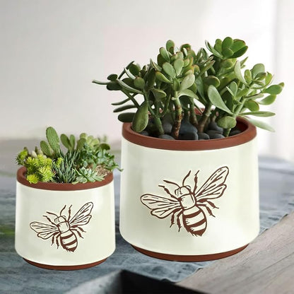 YBX Terracotta Pots Inch with Drainage Holes, Bee Decor, Ceramic Pots for Indoor Plants Flower Pots Outdoor, Succulent, Herbs, Snake Plants (White, 6+4 Inch)