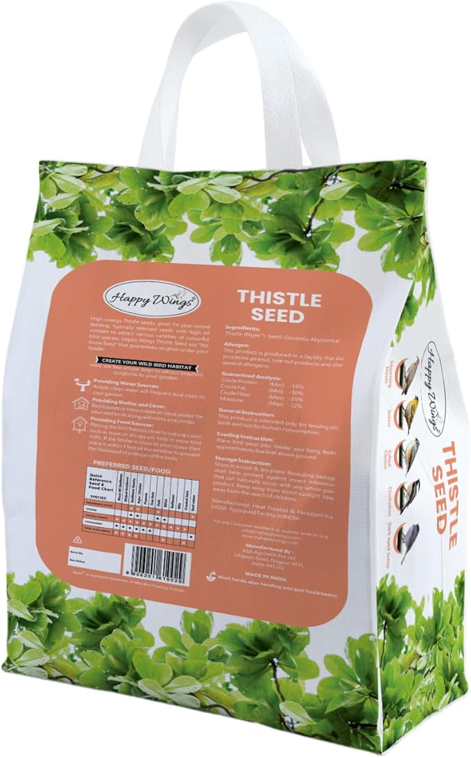 Happy Wings Nyjer Thistle Seeds for Wild Birds 15 lbs No Grow Premium Bird Seed Attracts Finches, Goldfinches, Ideal for Year-Round Feeding High in Protein and Energy.