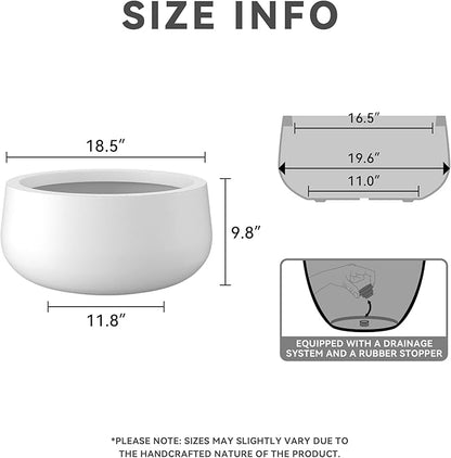 Kante 19.6" Dia Round Concrete Planter, Outdoor Indoor Garden Plant Pots with Drainage Hole and Rubber Plug, Modern Curvaceous Design, Pure White