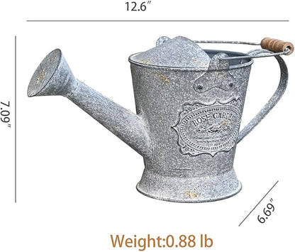 Vintage Metal Watering Can with Wooden Handle, Watering Can for Indoor/Outdoor Plants, Shabby Chic Decor for Home Balcony Courtyard Garden Gray