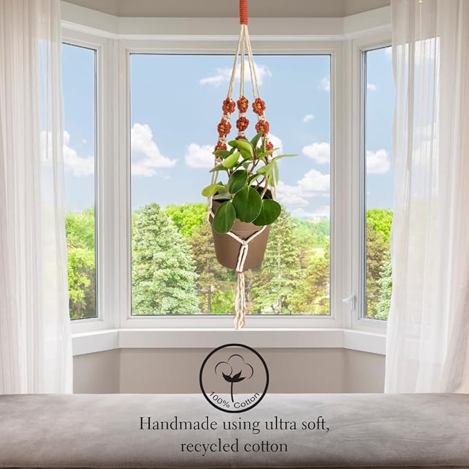 Macrame plant hanger with Daisies | Hanging plant holder | Macrame Plant hangers outdoor and indoor hanging planters Plant stand indoor Boho Decor hanging planter stand/plant shelf (Cafe Latte)
