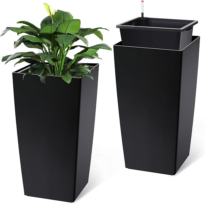 GAOMON 30" Tall Planter Set of 2,Heavy Duty Tall Planter,High Front Porch Planter Pots with Drainage Holes＆Water Level Monitor＆Inner Bucket, Automatic Watering,Indoor/Outdoor Grande Plant,Tree,Black…