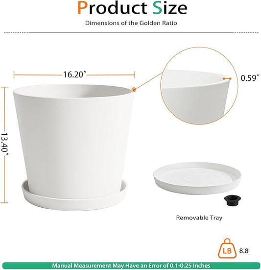 Wide Planters for Outdoor Plants, Extra Large Indoor Flower Pots for Garden, Front Porch, Patio - Round Resin Planter Set of 2 (White, 16 inch - 2 Pack with Saucers)